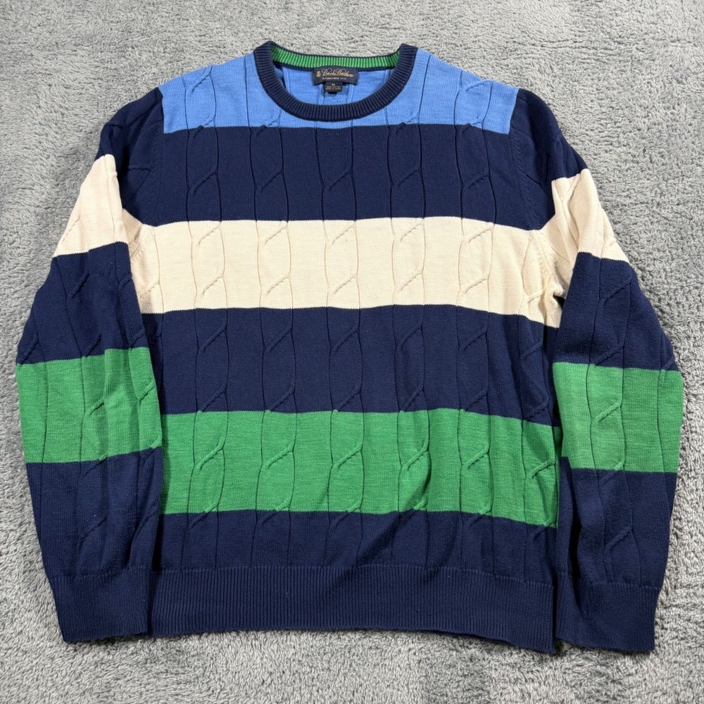 Brooks Brothers Fisherman Cable Knit Sweater Color Block Striped‎ - XL Old Money